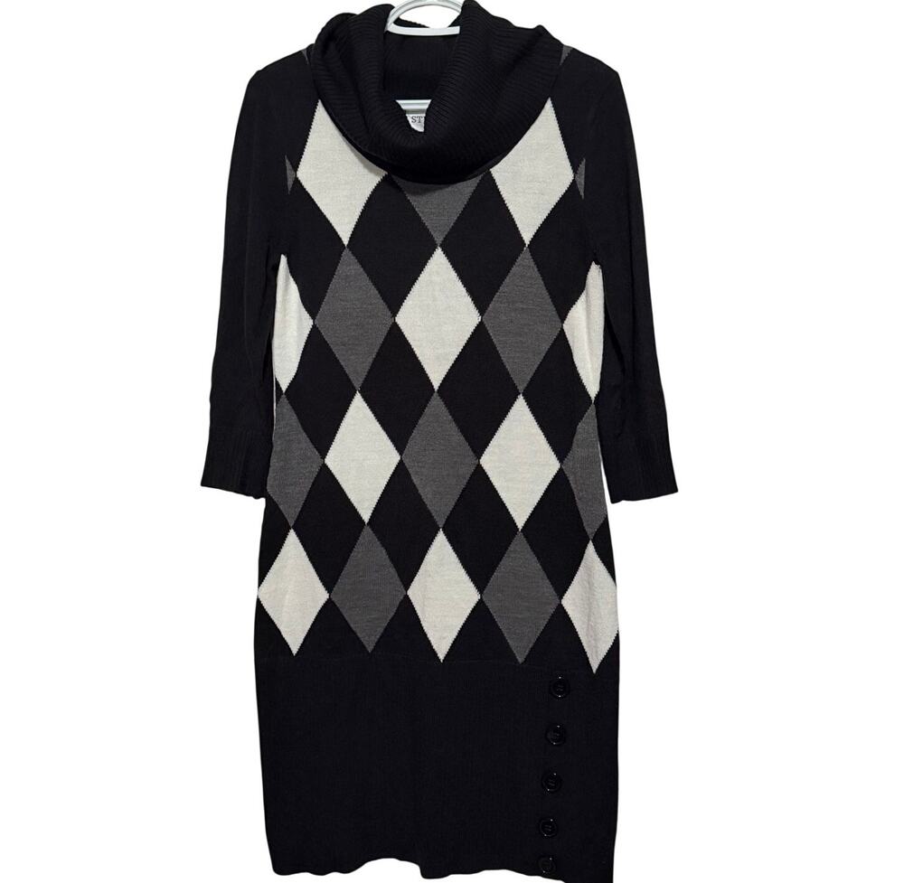 Studio I Women's Black Gray White Argyle Cowl Neck Sweater Dress Size L